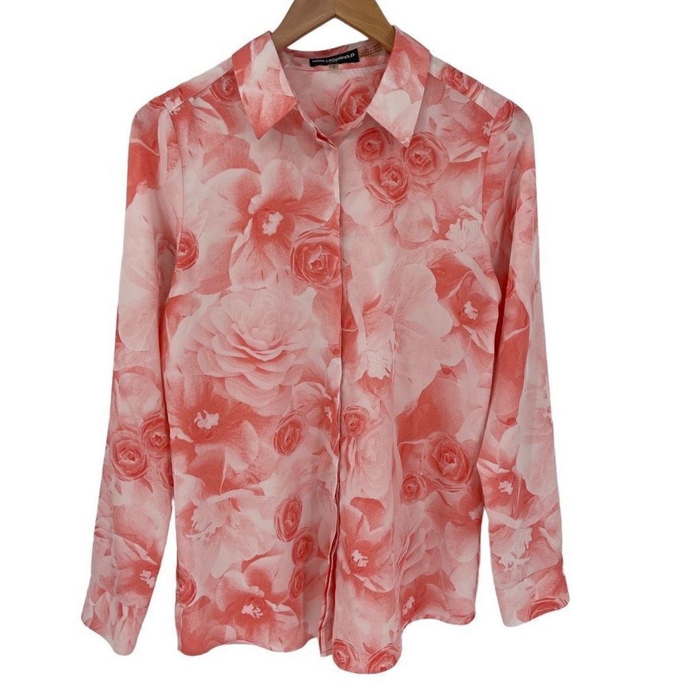 Karl Lagerfeld Paris Button Up Long Roll‎ Tab Sleeve Top Floral Pink Women Small